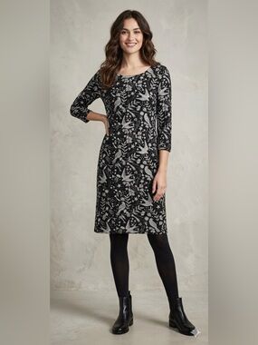 Boden Winifred‎ Black Mystic Woodland Jacquard Dress Black & White Bird Heart